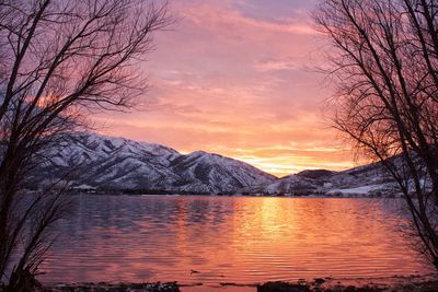 Scenic view of lake against dramatic sky