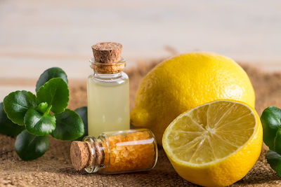 Health care concept. organic cosmetics with lemon. product for spa and aromatherapy.