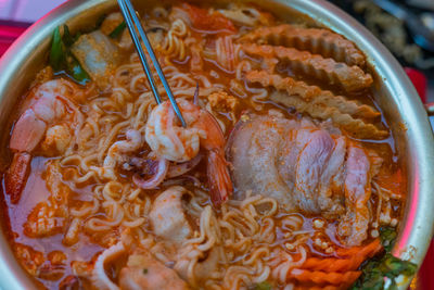 High angle view of soup in bowl