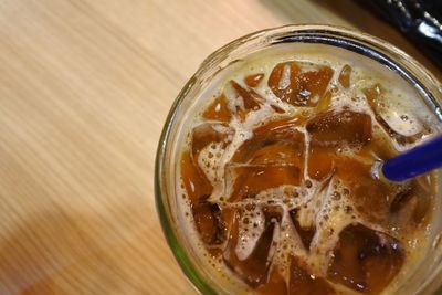 High angle view of ice cream in glass on table