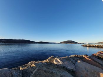 Scenic view of sea against clear blue sky