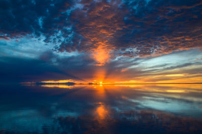 Scenic view of dramatic sky over sea during sunset