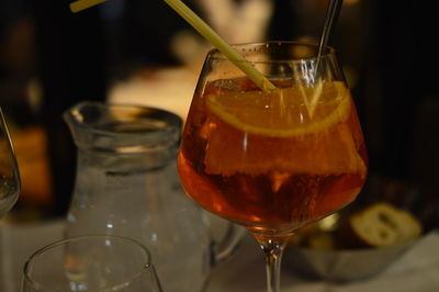 Close-up of beer in glass on table