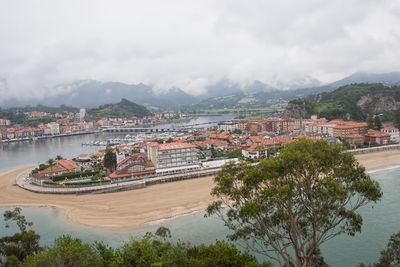 High angle view of river and buildings against sky