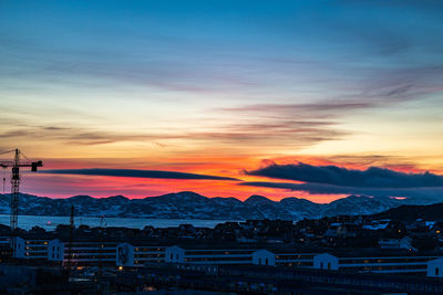 High angle view of townscape against sky during sunset