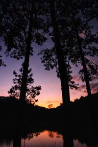 Silhouette trees by lake against romantic sky at sunset