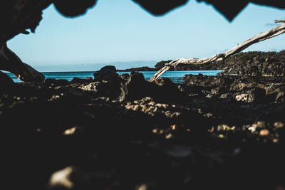 Rocks on beach against sky