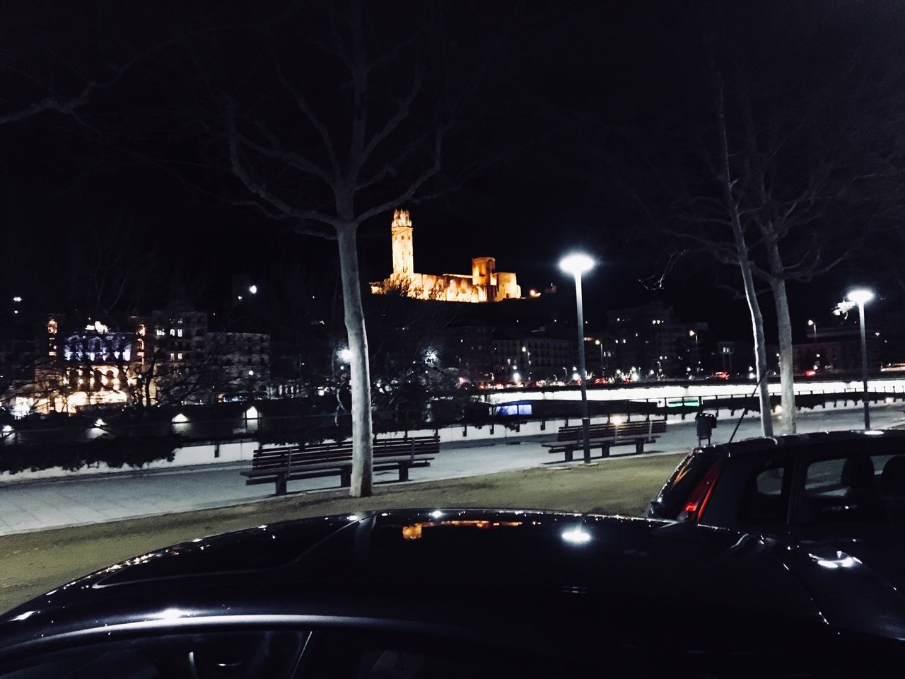 illuminated, night, car, transportation, land vehicle, road, mode of transport, street light, building exterior, built structure, architecture, no people, outdoors, bare tree, tree, city, sky