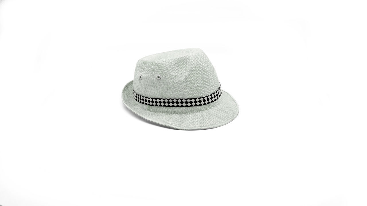 CLOSE-UP OF HAT ON WHITE BACKGROUND