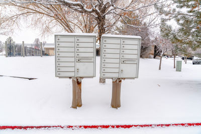 View of snow covered trees on field