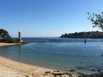 Scenic view of sea against clear blue sky