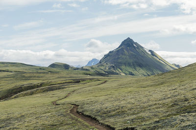 View of amazing landscape in iceland while trekking famous laugavegur trail