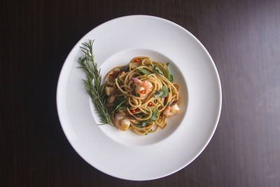 High angle view of meal served on table