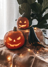 Close-up of illuminated halloween pumpkin