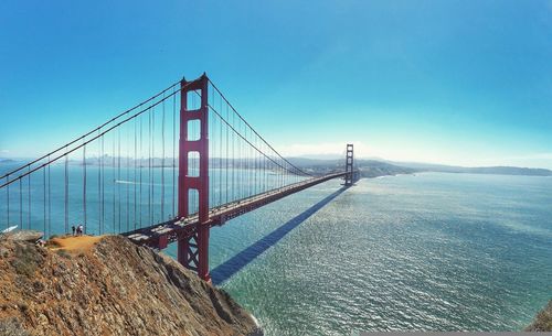 View of suspension bridge against blue sky