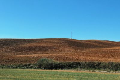 Scenic view of field against clear blue sky