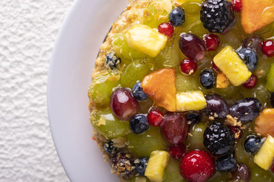 High angle view of fruits in bowl on table