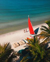 Aerial view of couple on beach