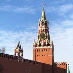 Low angle view of kremlin clock in moscow, russia 