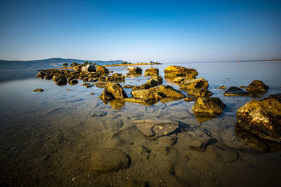 Scenic view of rocks on beach against clear sky