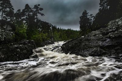 Stream flowing through rocks in forest against sky