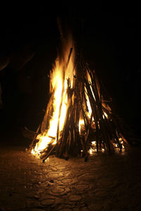 Bonfire on log at night