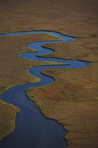 Aerial picture of meandering river in iceland