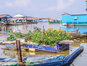 Boats moored in sea against sky