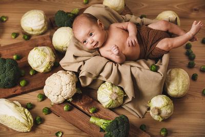 High angle view of vegetables on table