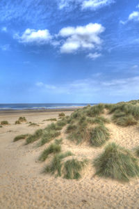 Scenic view of beach against cloudy sky