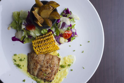 High angle view of serving food in plate