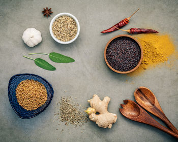 High angle view of various food on table