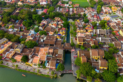 High angle view of buildings in town