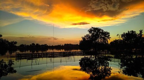 Scenic view of lake against cloudy sky during sunset