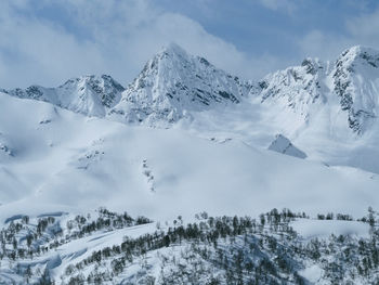 Scenic view of snow covered mountains against sky