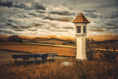 Scenic view of field against cloudy sky