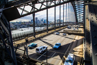 View of suspension bridge in city