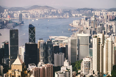 High angle view of city buildings at waterfront