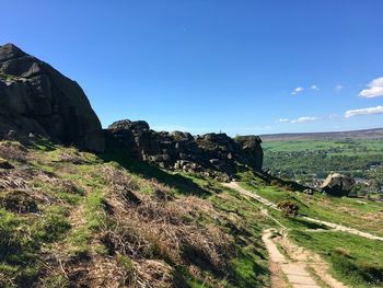 Scenic view of landscape against blue sky