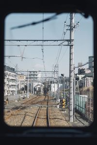 Railroad tracks seen through train window