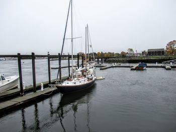 Sailboats moored in marina