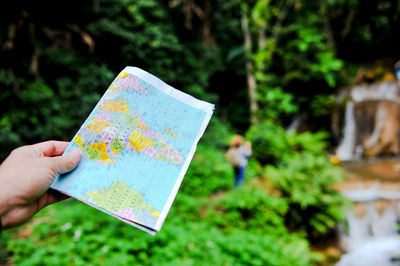 Cropped hand of woman holding map against trees in forest