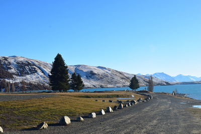 Scenic view of land against clear blue sky