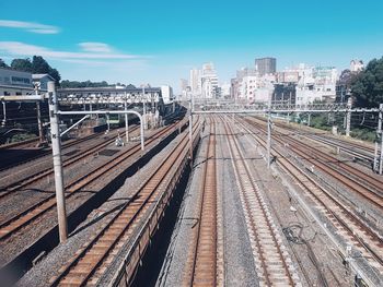 Railroad tracks amidst buildings in city against sky