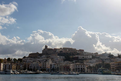 Panoramic view of townscape by sea against sky