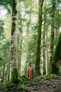 Woman standing by trees in forest