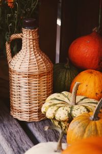 Close-up of pumpkins in basket on table