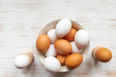 High angle view of eggs on table