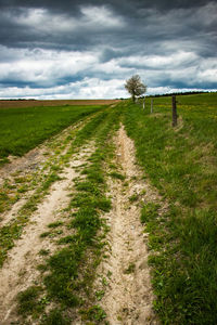 Dirt road amidst field against sky