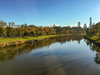 Scenic view of lake against clear blue sky